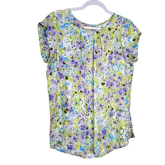 41 Hawthorn Floral Cap Sleeve Top XL NWT Multicolor Round Neck Pleated Blouse - Picture 2 of 8